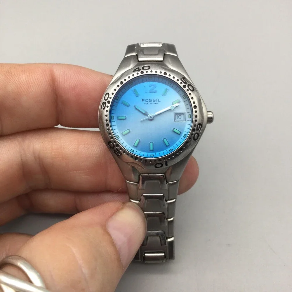 Fossil AM-3528 Womens Watch 29mm Blue Dial Date Stainless New Battery 6.5